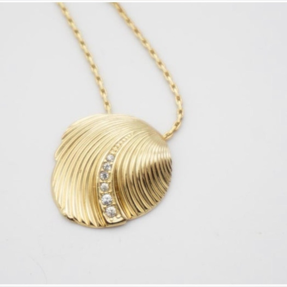 CHRISTIAN DIOR Vintage 80’s Modernist Shell Pendant W/ Crystals Gold Necklace - Picture 3 of 10